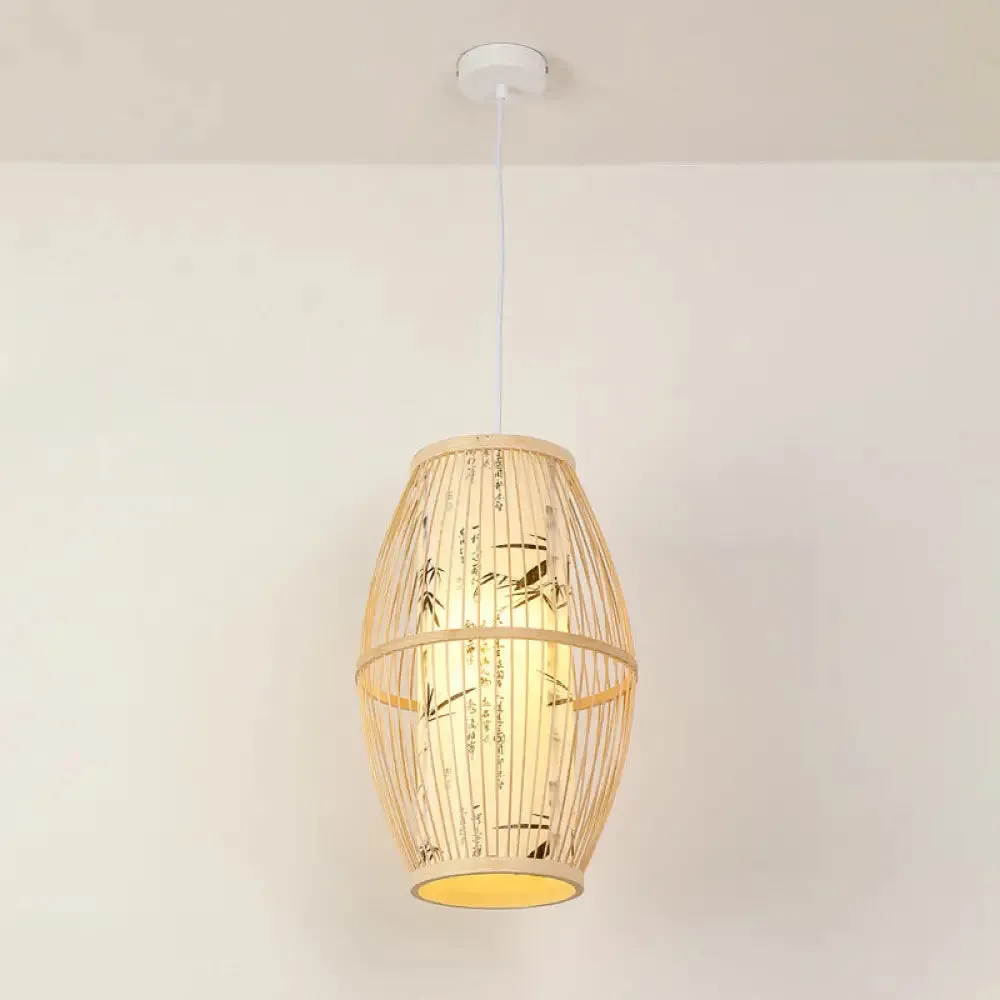 Asian Style Bamboo Pendant with Diamond, Drum, and Barrel Drops - 1-Light Hanging Light Kit for Restaurants in Beige