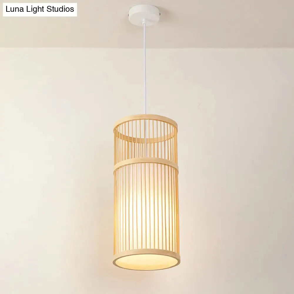 Asian Style Bamboo Pendant with Diamond, Drum, and Barrel Drops - 1-Light Hanging Light Kit for Restaurants in Beige