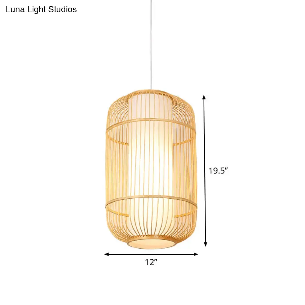 Asian Style Bamboo Pendant with Diamond, Drum, and Barrel Drops - 1-Light Hanging Light Kit for Restaurants in Beige