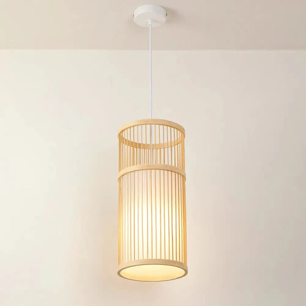 Asian Style Bamboo Pendant with Diamond, Drum, and Barrel Drops - 1-Light Hanging Light Kit for Restaurants in Beige