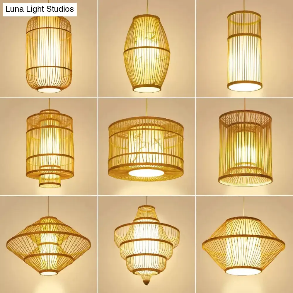 Asian Style Bamboo Pendant with Diamond, Drum, and Barrel Drops - 1-Light Hanging Light Kit for Restaurants in Beige