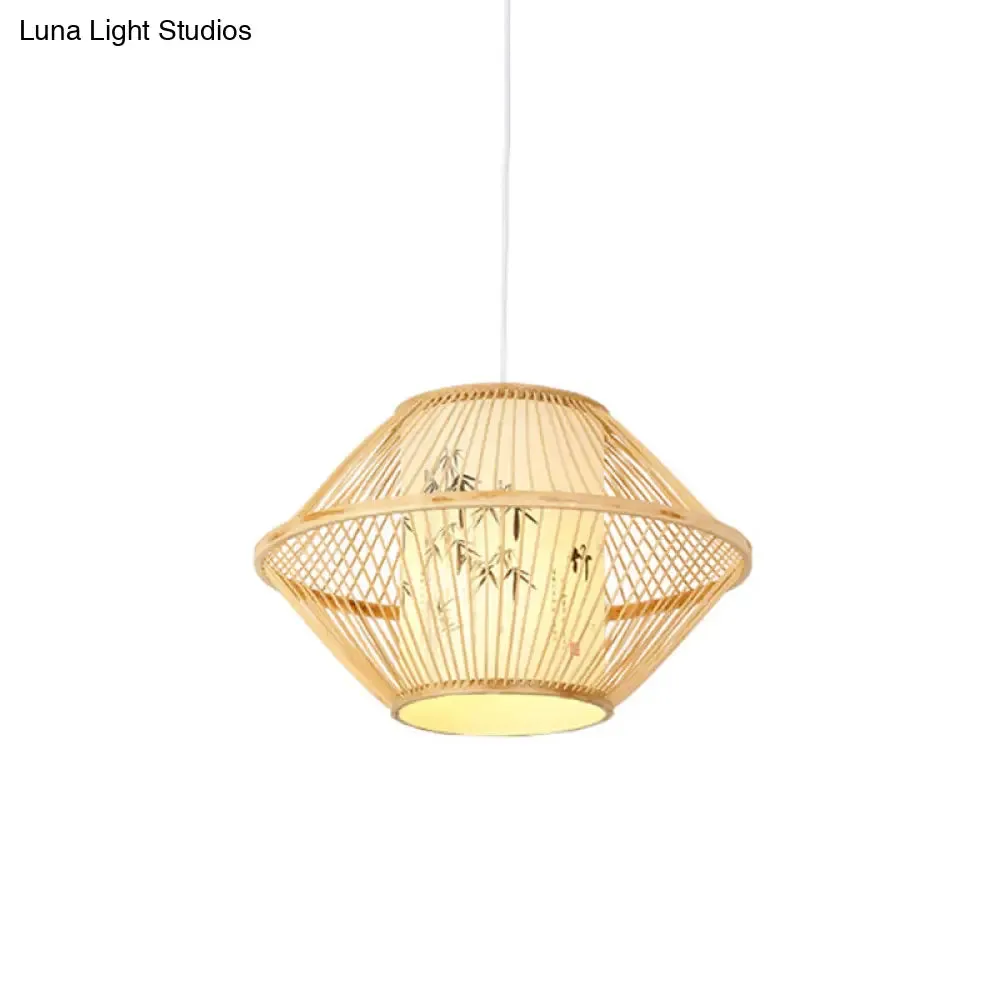 Asian Style Bamboo Pendant with Diamond, Drum, and Barrel Drops - 1-Light Hanging Light Kit for Restaurants in Beige