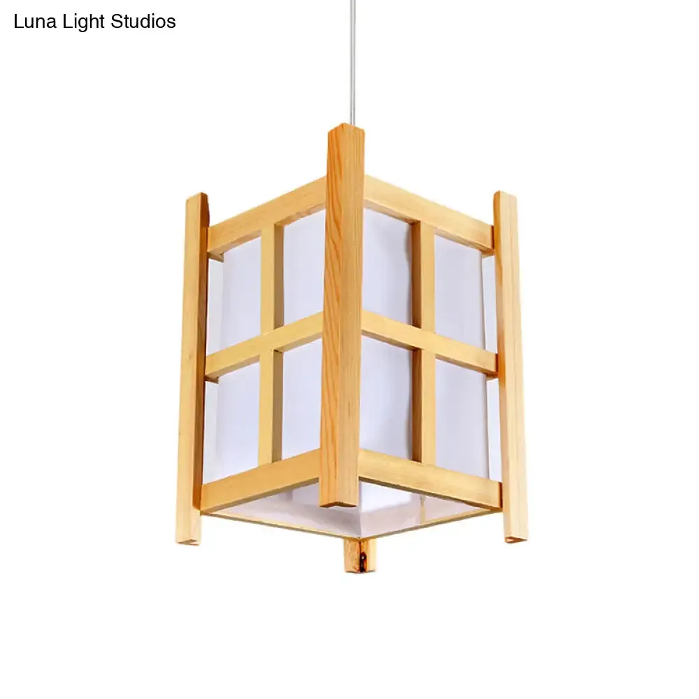 Asian Wooden Pendant Lighting for Restaurants - 1-Light Square Lamp with Paper Shade