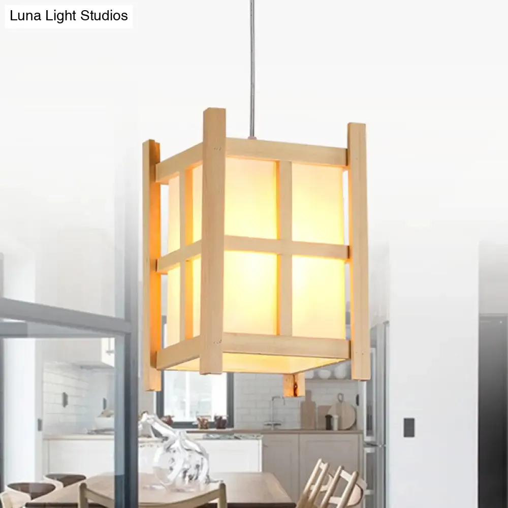 Asian Wooden Pendant Lighting for Restaurants - 1-Light Square Lamp with Paper Shade