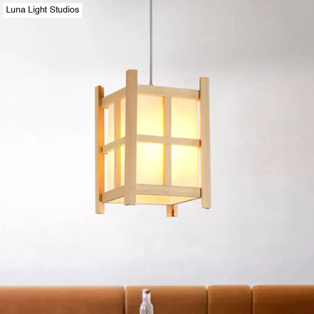 Asian Wooden Pendant Lighting for Restaurants - 1-Light Square Lamp with Paper Shade