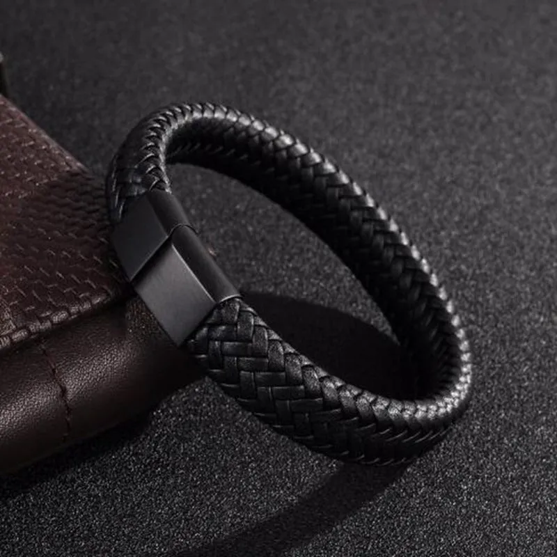 Black Braided Leather Wrap Bracelet for Men Infinity Bracelet Metal Magnetic Clsap Cuff Bangle Birthday Gift