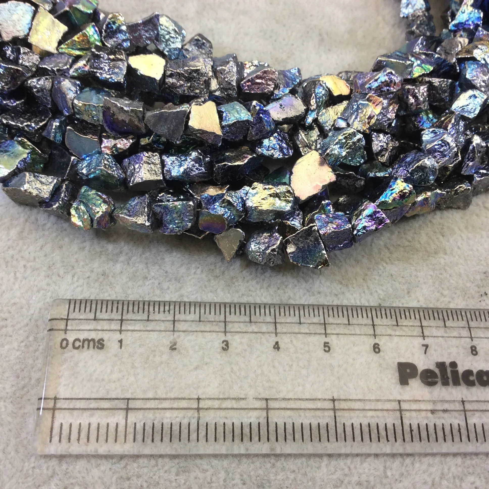 Blue Titanium Plated Pyrite Nugget Beads - 10mm Rough Chunk Gemstone Strand.