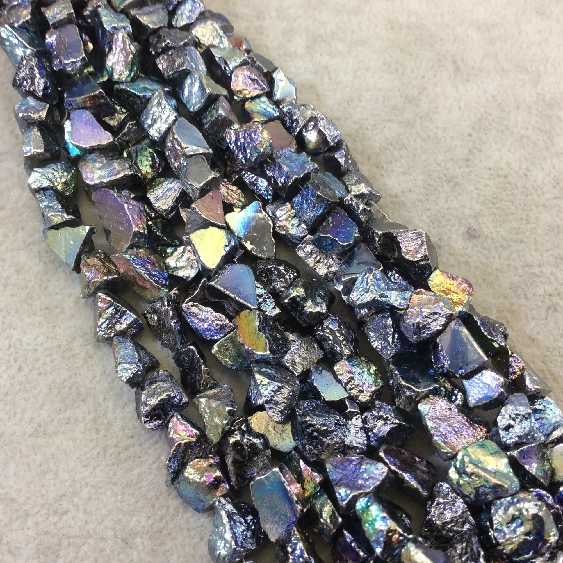 Blue Titanium Plated Pyrite Nugget Beads - 10mm Rough Chunk Gemstone Strand.