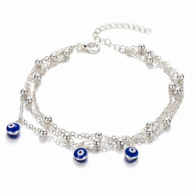 Bohemian Multi Layered Beads Ankle Bracelet for Women Leg Chain Blue Evil Eye Pendant Anklet Summer Beach Foot Jewelry
