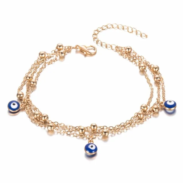 Bohemian Multi Layered Beads Ankle Bracelet for Women Leg Chain Blue Evil Eye Pendant Anklet Summer Beach Foot Jewelry