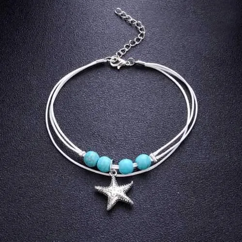 Bohemian White Wax Rope Blue Ball Beads Star Pendant Anklets