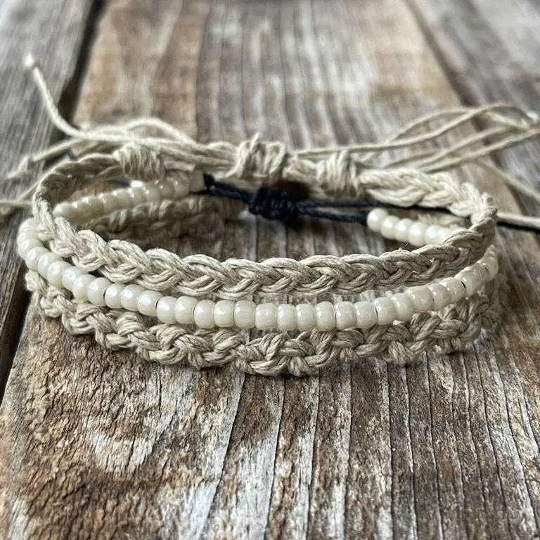 Boho Chic Hemp Bracelet or Anklet Set - Cream White Beads