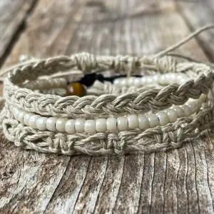 Boho Chic Hemp Bracelet or Anklet Set - Cream White Beads
