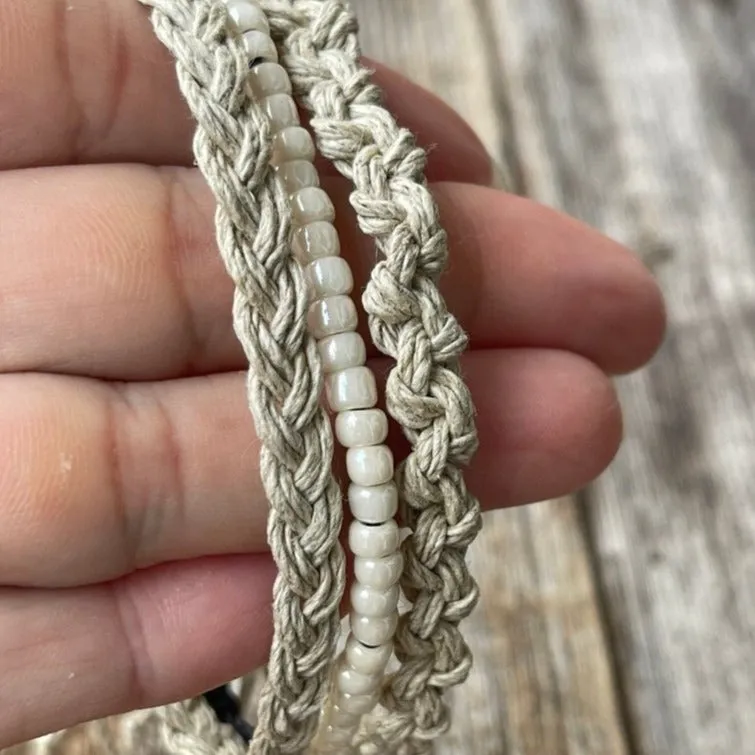 Boho Chic Hemp Bracelet or Anklet Set - Cream White Beads