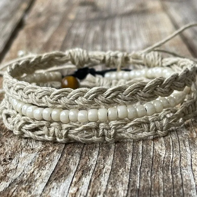 Boho Chic Hemp Bracelet or Anklet Set - Cream White Beads
