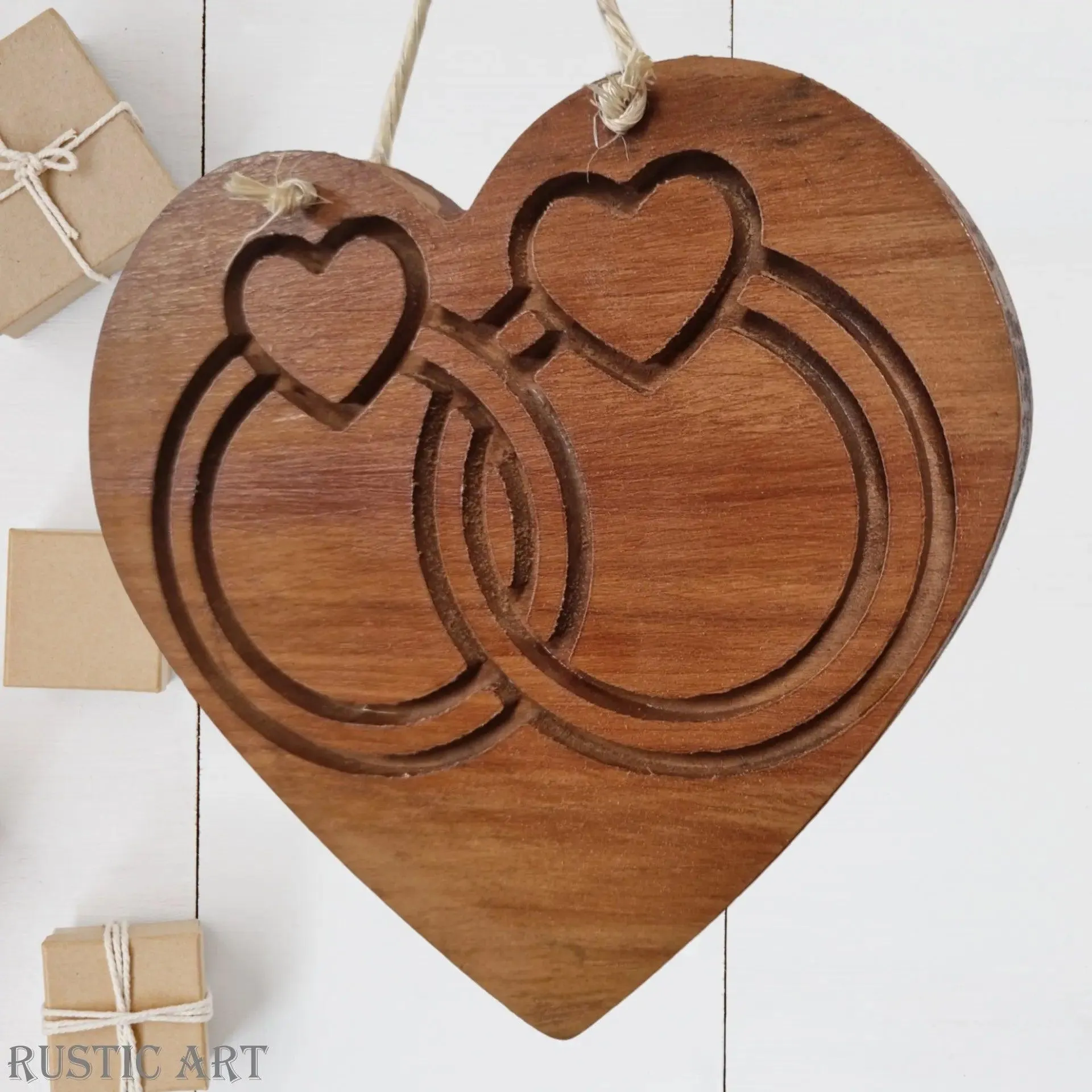 Carved Recycled Rimu "WEDDING RINGS" Heart