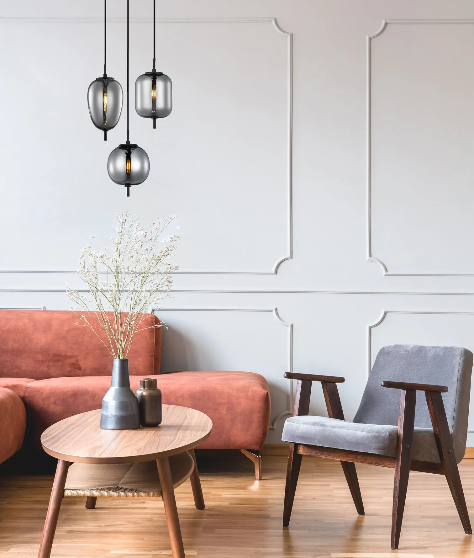 CLA PINO Interior Opal Matte / Smokey Black Mirror Finish Glass Round Pendant Lights