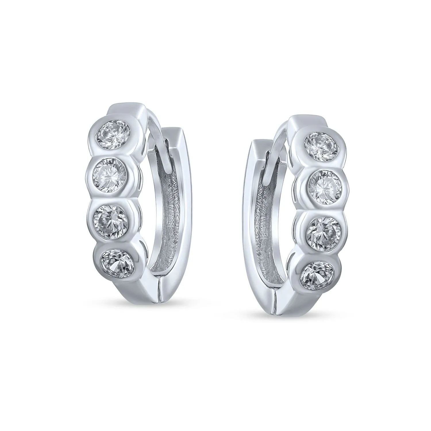 Classic Dainty Round CZ Hoop Earrings Bezel Set Solitaire Sterling Silver Huggies