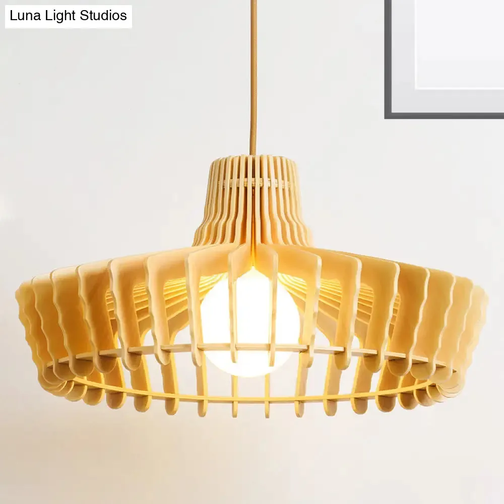 Contemporary Beige Orb/Hat Hanging Lamp - Wood Ceiling Pendant Light for Restaurants