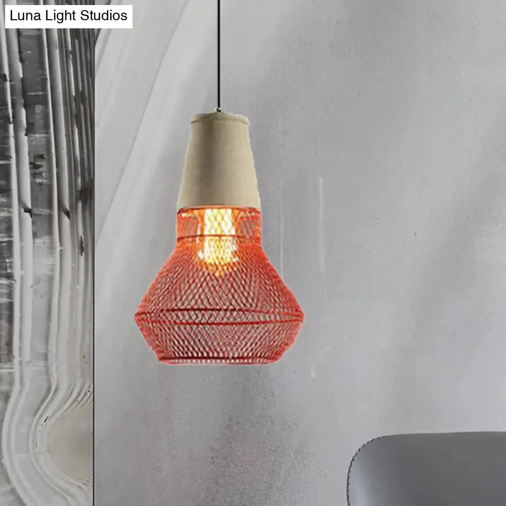 Contemporary Stone Cone Pendant Lamp - Hanging Ceiling Light with Wire-Cage Shade (1 Light) for Restaurants - Black/Red