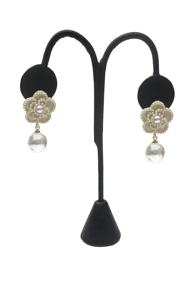 Cream Flower Pearl Drop Earrings