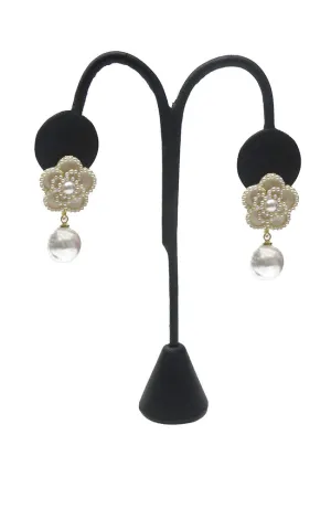 Cream Flower Pearl Drop Earrings