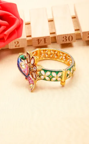 Dancing Peacock Antique Gold Plated Royal Kundan & Green Openable Bracelet (D224)