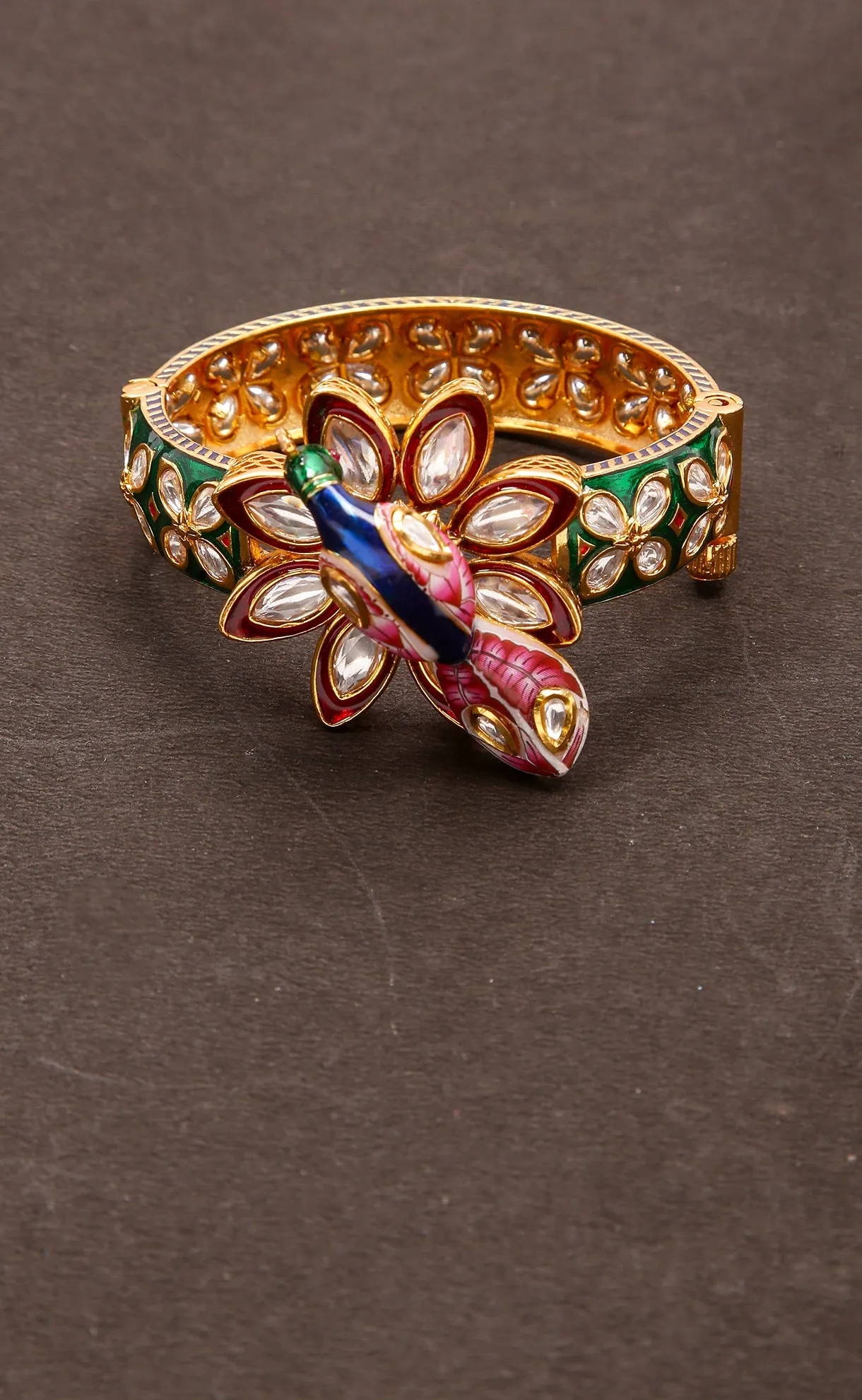 Dancing Peacock Antique Gold Plated Royal Kundan & Green Openable Bracelet (D224)