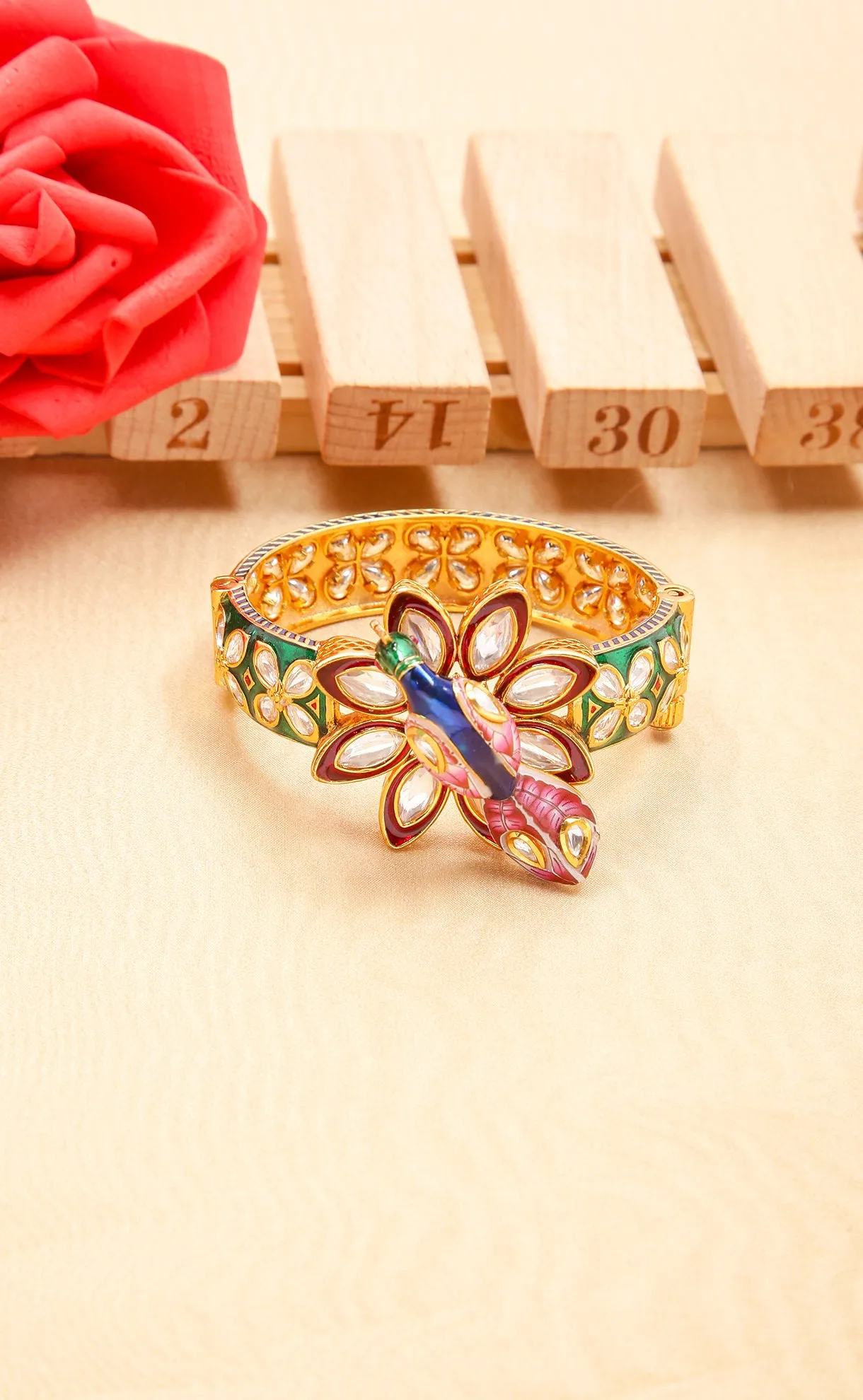 Dancing Peacock Antique Gold Plated Royal Kundan & Green Openable Bracelet (D224)