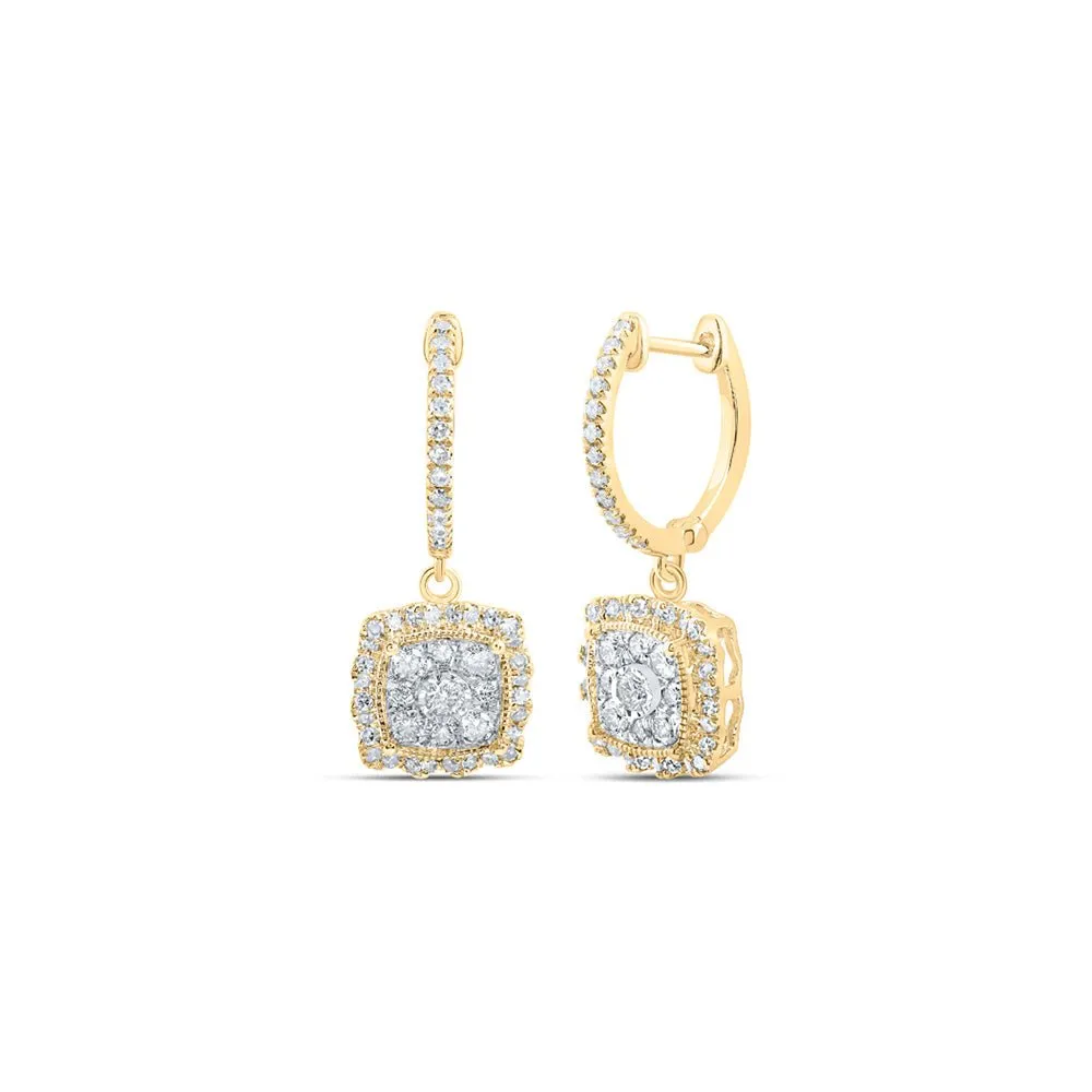 Dazzling Square Dangle Diamond Hoop Earrings in 10kt Yellow Gold