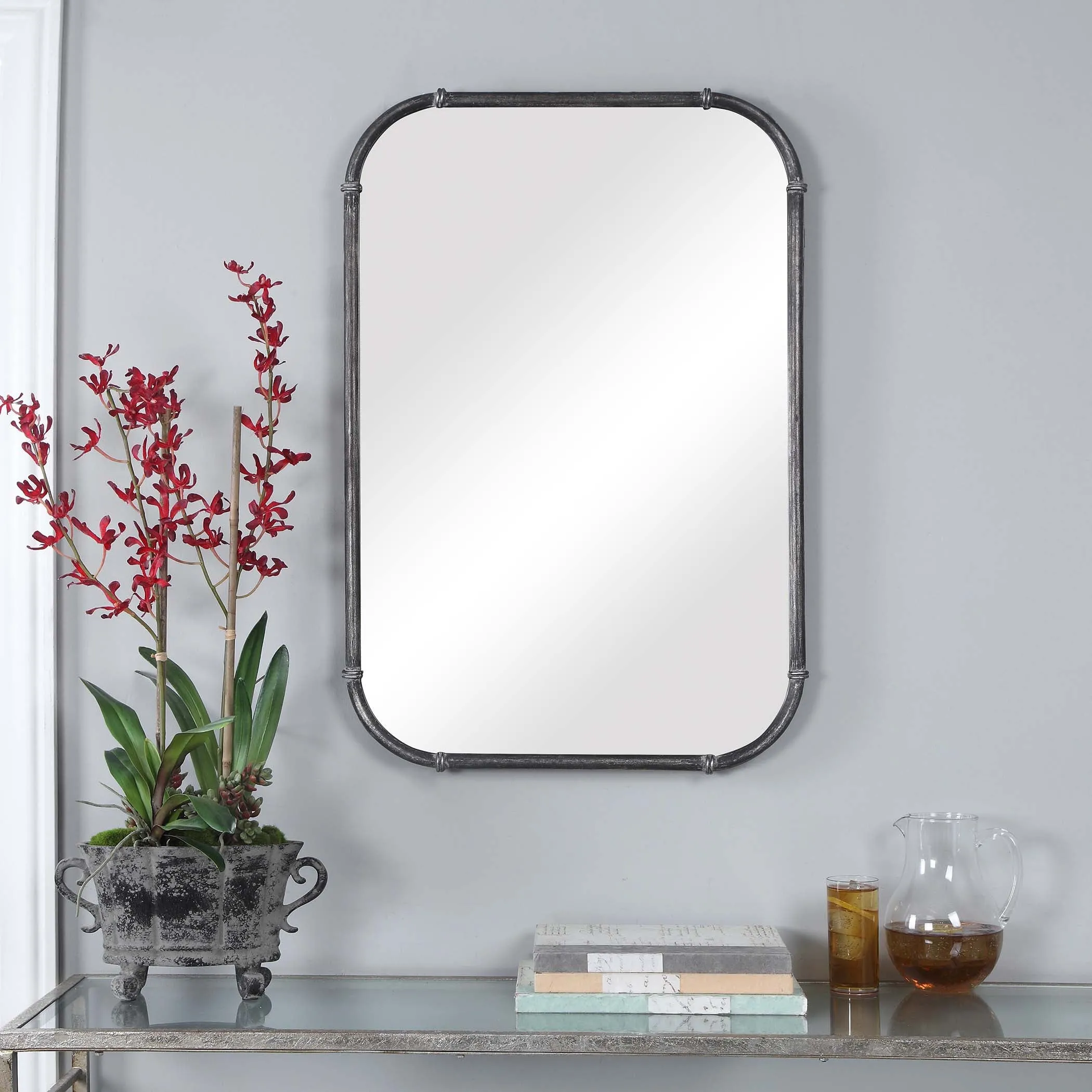 Decor Market Mirror - Rustic Gray Metal With Decorative Ring Accents