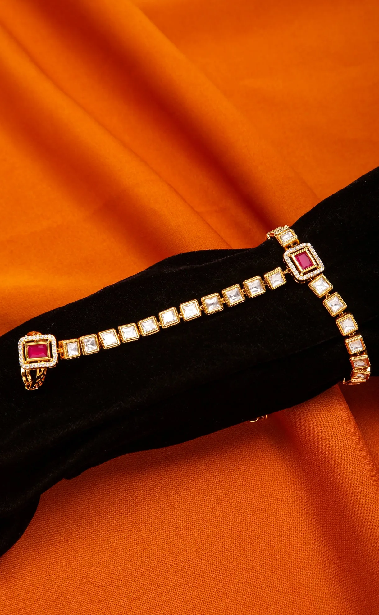 Designer Gold Plated Red Royal Kundan Openable Haath Phool (D134)