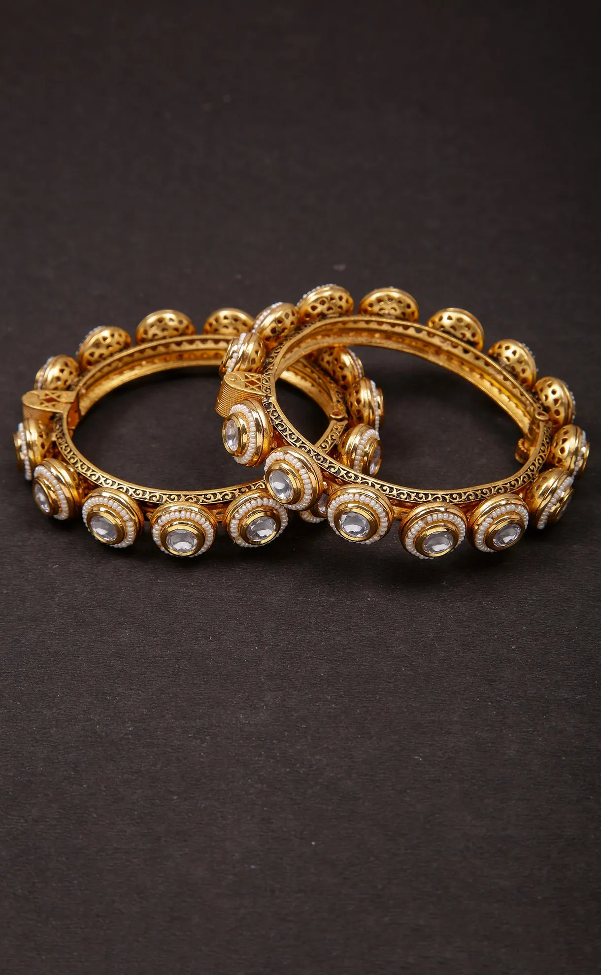 Designer Gold Plated Royal Kundan & Emerald Openable Bracelet (D179)