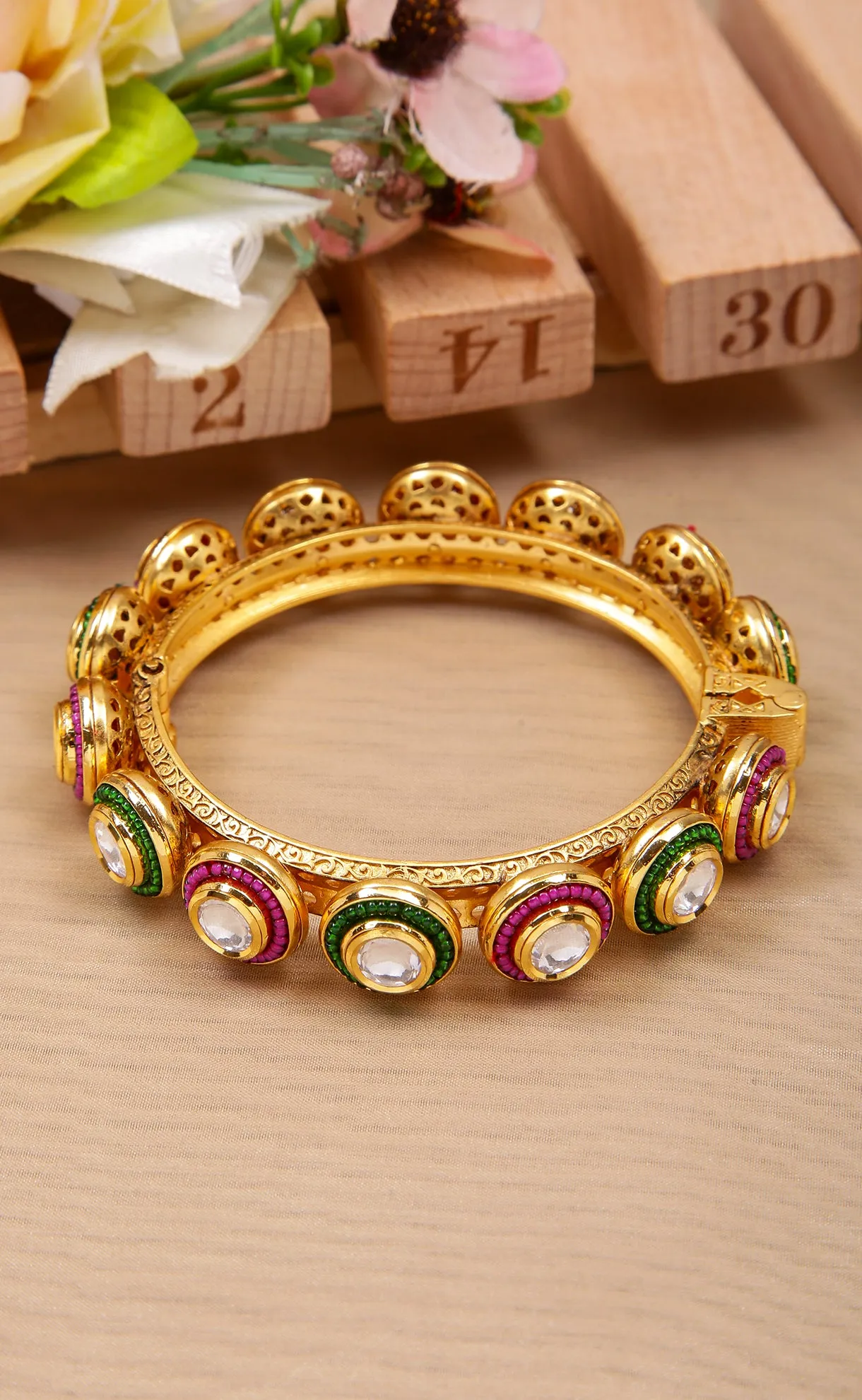 Designer Gold Plated Royal Kundan & Emerald Openable Bracelet (D179)