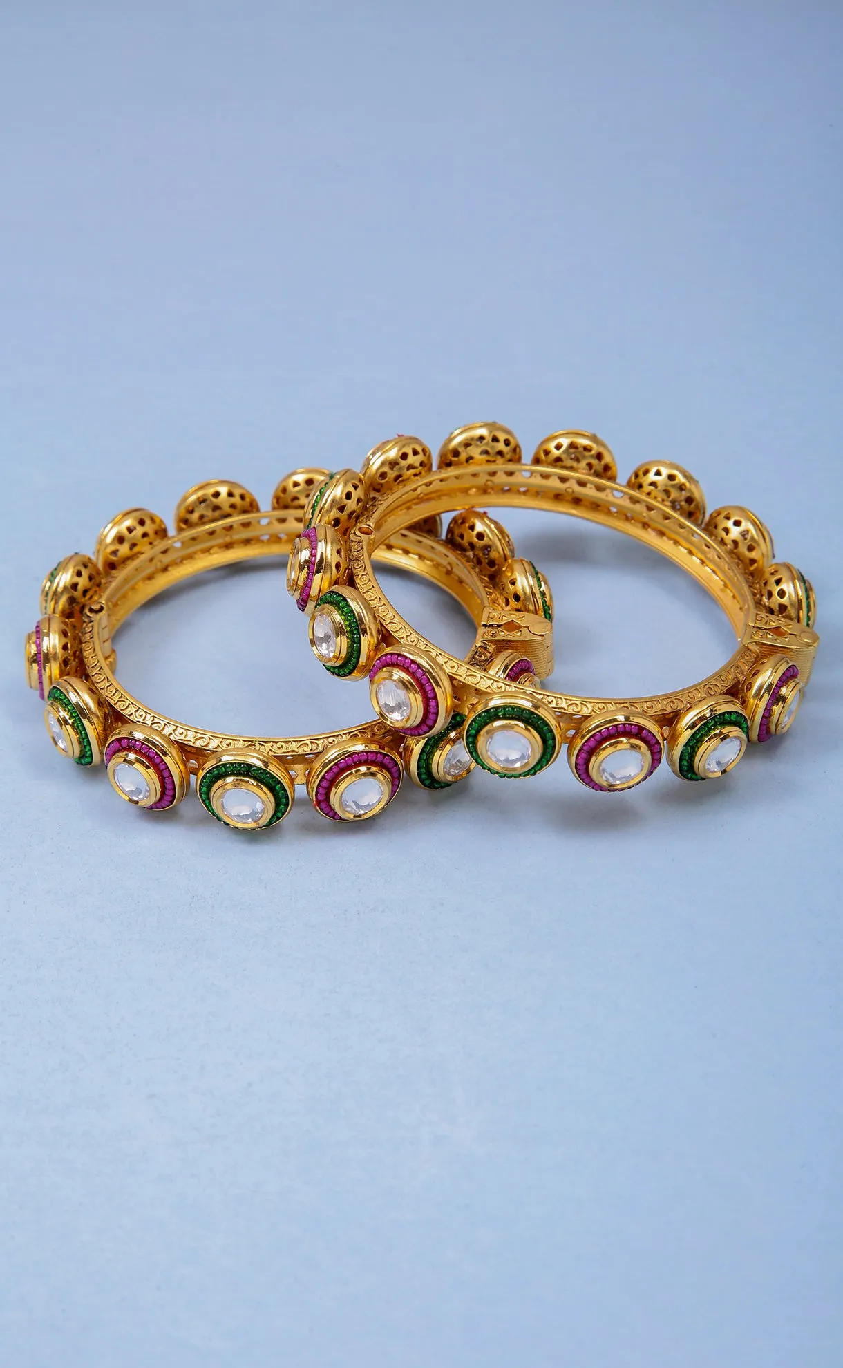 Designer Gold Plated Royal Kundan & Emerald Openable Bracelet (D179)