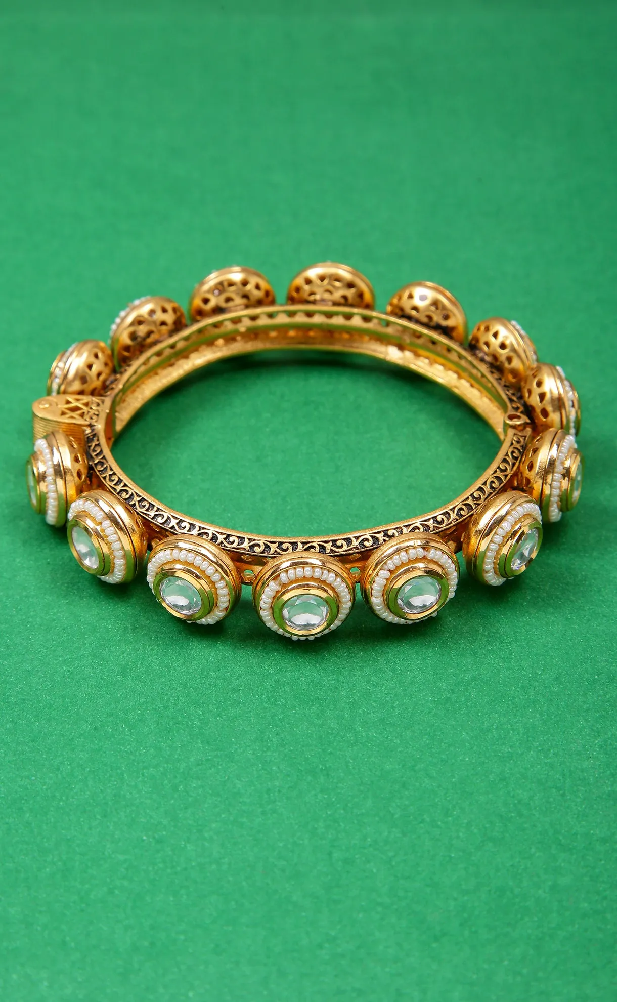 Designer Gold Plated Royal Kundan & Emerald Openable Bracelet (D179)