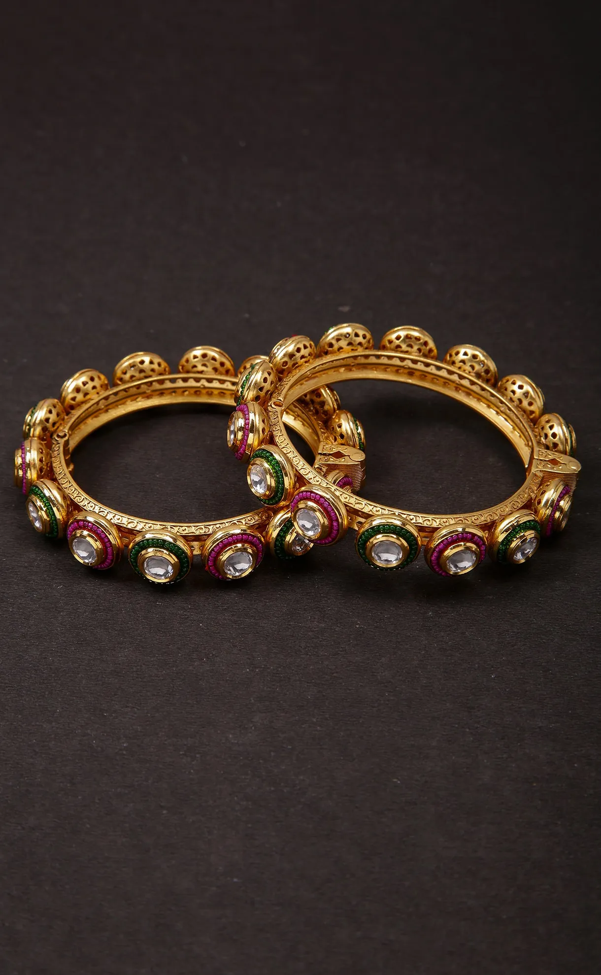 Designer Gold Plated Royal Kundan & Emerald Openable Bracelet (D179)
