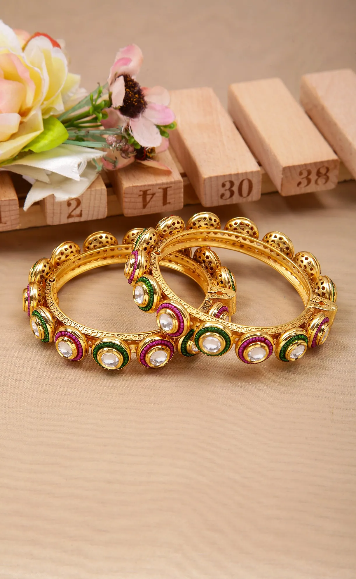 Designer Gold Plated Royal Kundan & Emerald Openable Bracelet (D179)