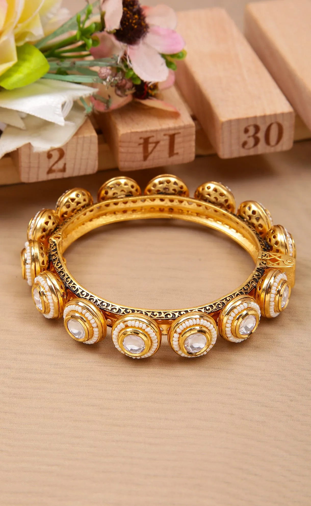 Designer Gold Plated Royal Kundan & Emerald Openable Bracelet (D179)
