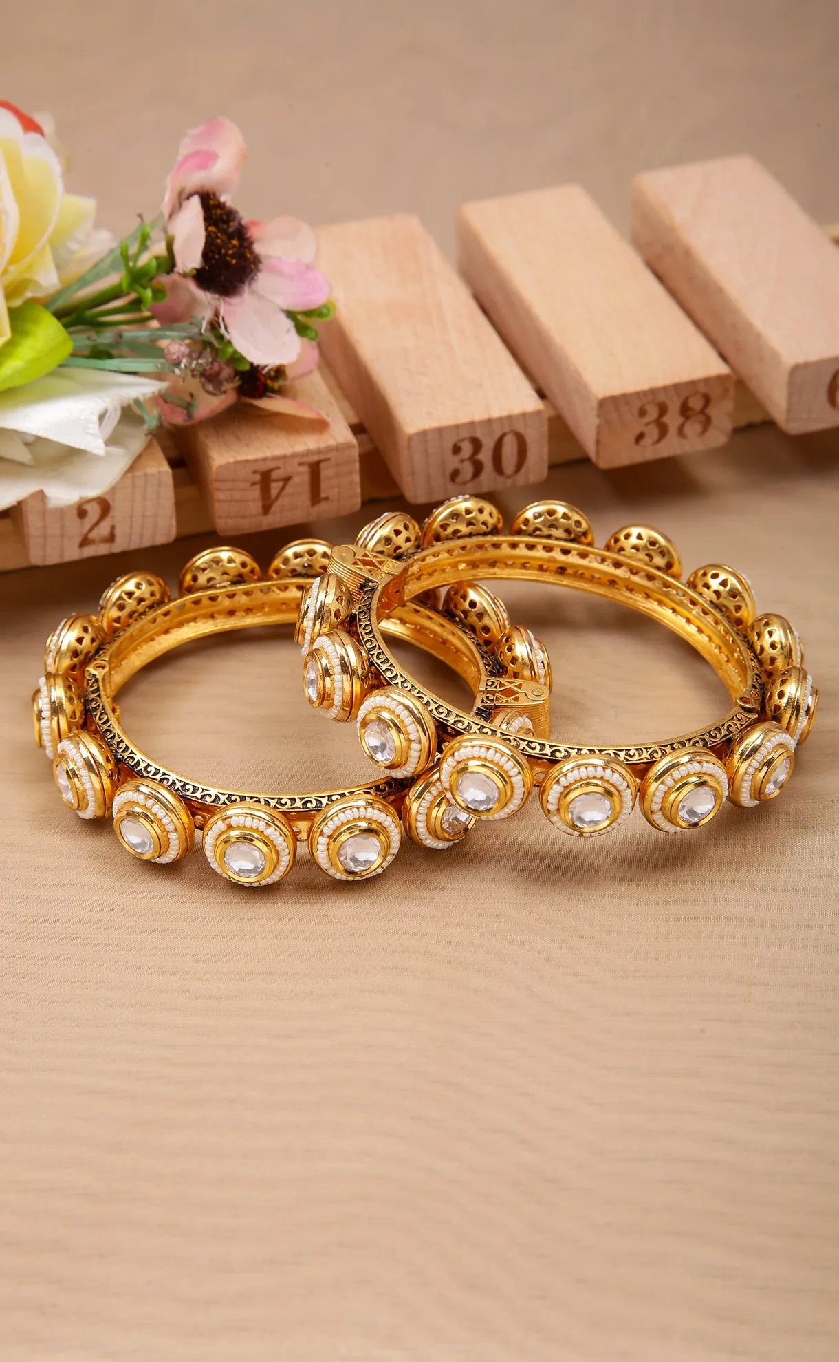 Designer Gold Plated Royal Kundan & Emerald Openable Bracelet (D179)