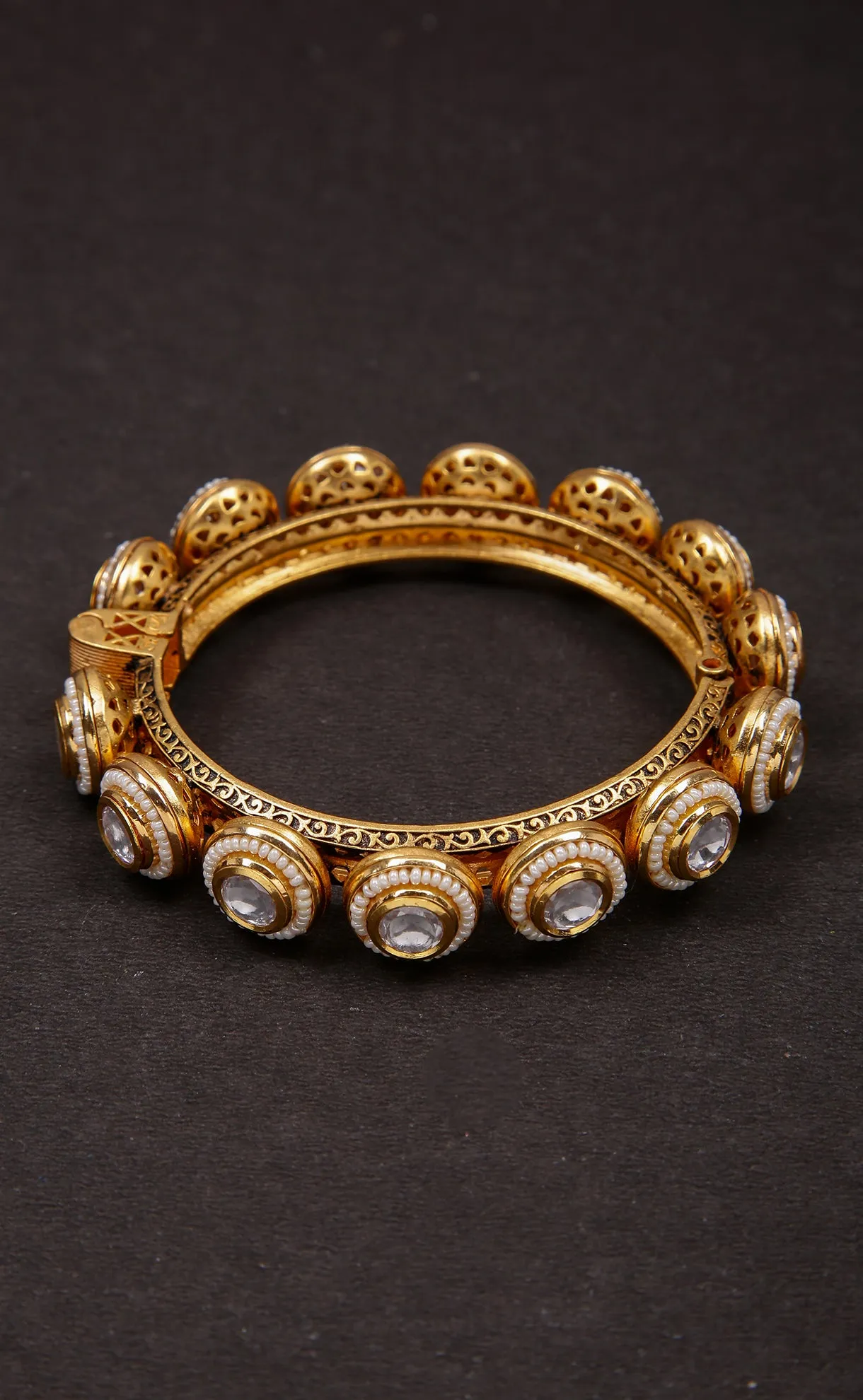 Designer Gold Plated Royal Kundan & Emerald Openable Bracelet (D179)