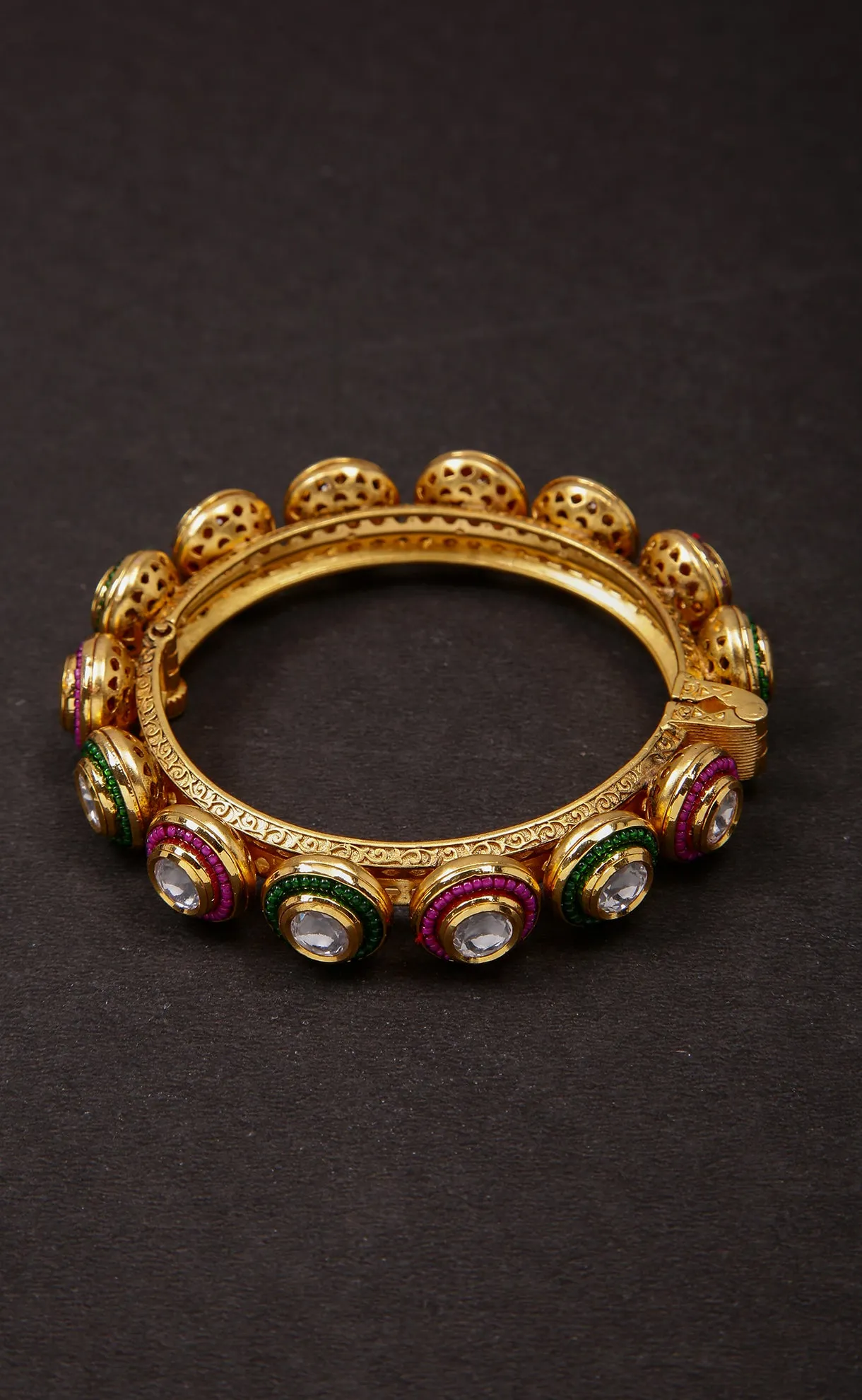 Designer Gold Plated Royal Kundan & Emerald Openable Bracelet (D179)