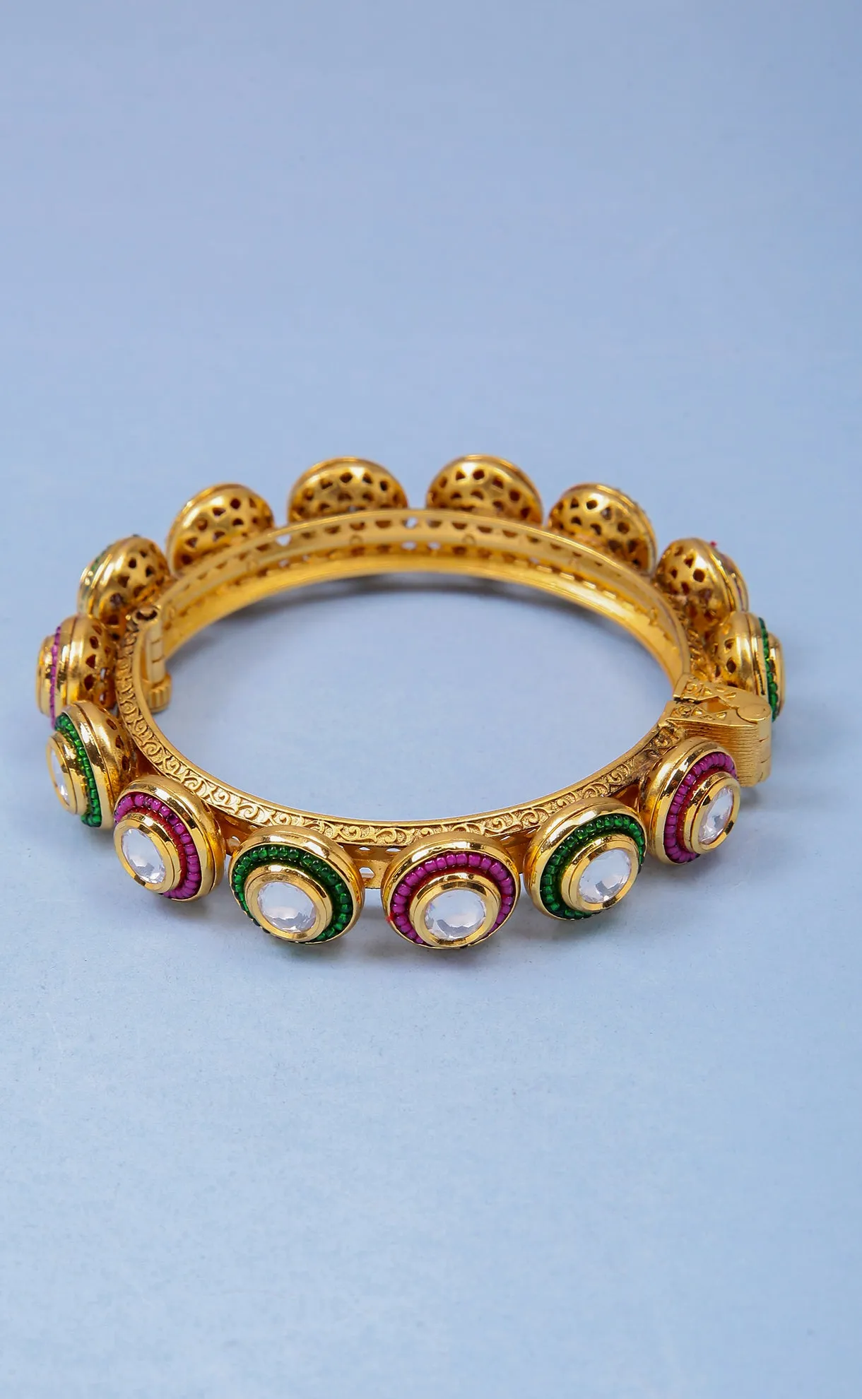 Designer Gold Plated Royal Kundan & Emerald Openable Bracelet (D179)