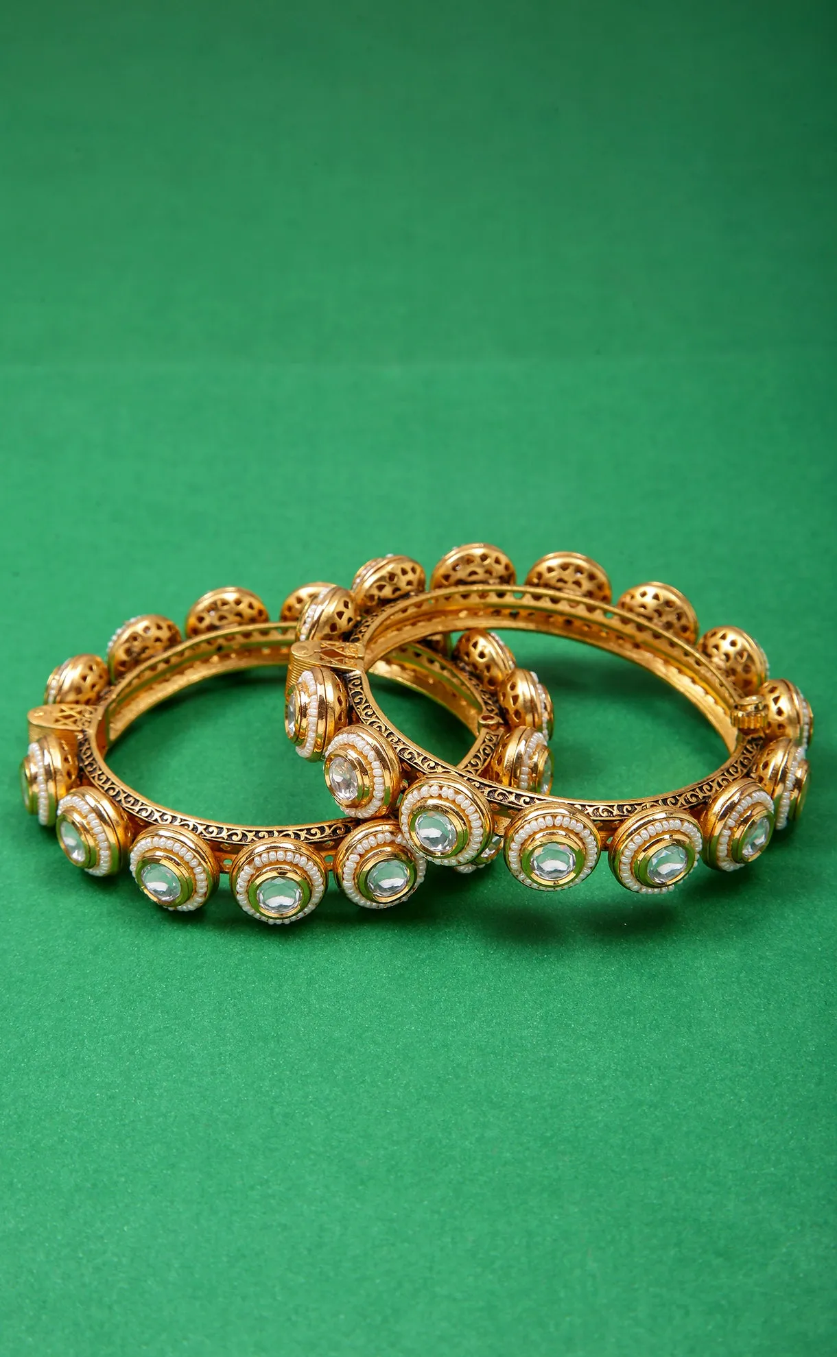 Designer Gold Plated Royal Kundan & Emerald Openable Bracelet (D179)