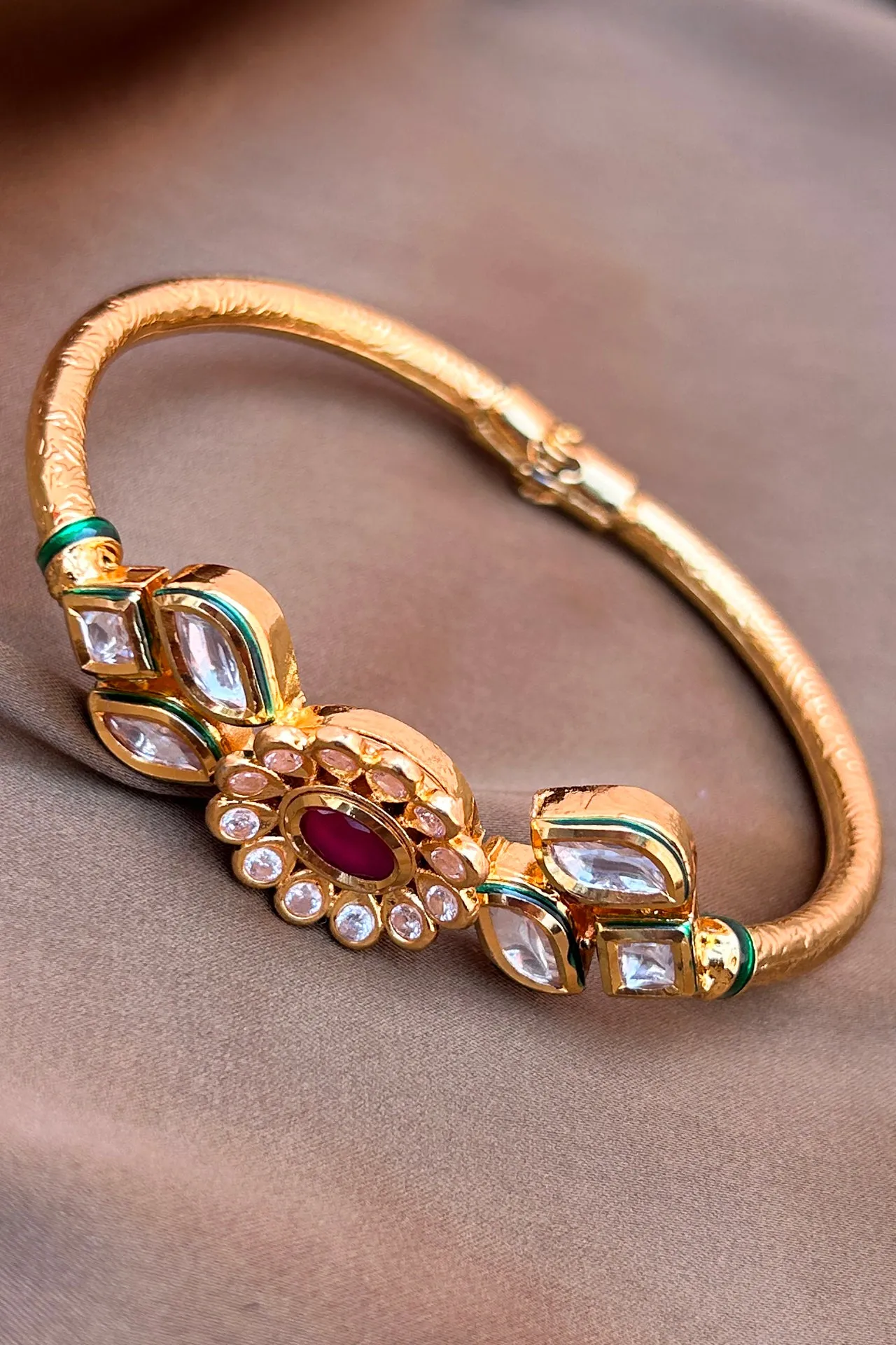Designer Gold Plated Royal Kundan & Ruby Openable Bracelet (D172)