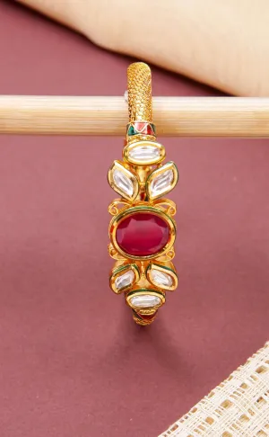 Designer Gold Plated Royal Kundan & Ruby Openable Bracelet (D174)
