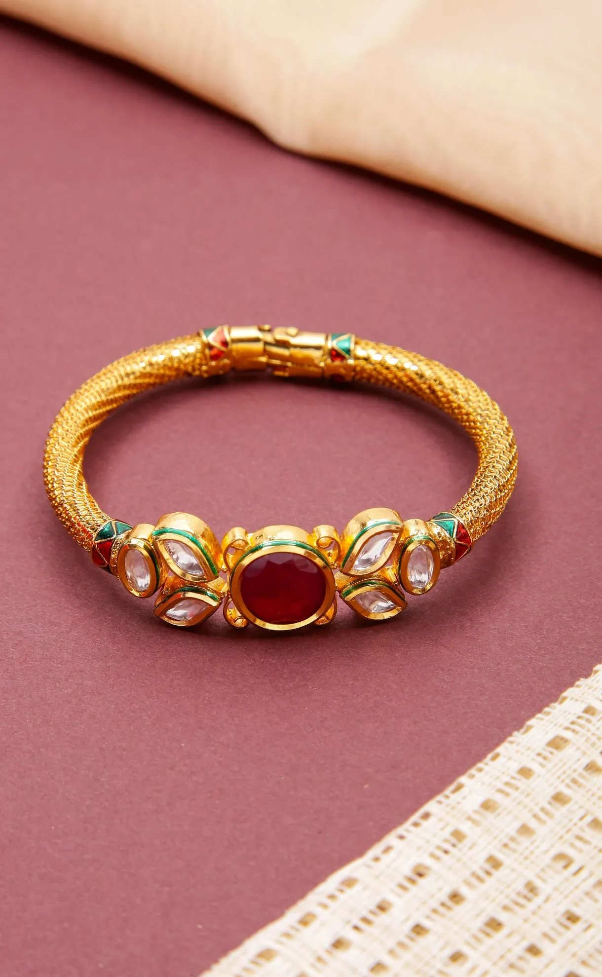 Designer Gold Plated Royal Kundan & Ruby Openable Bracelet (D174)