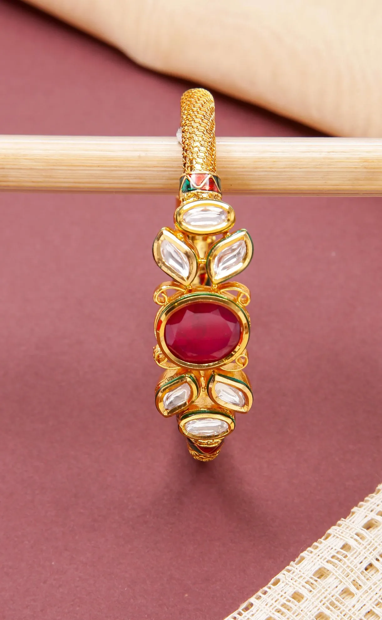Designer Gold Plated Royal Kundan & Ruby Openable Bracelet (D174)