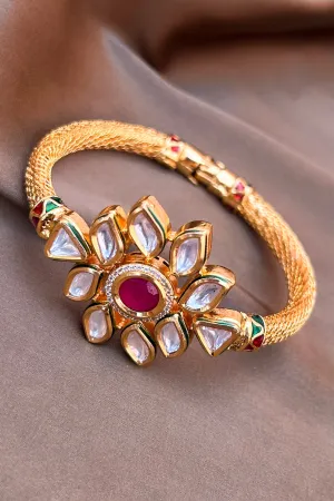 Designer Gold Plated Royal Kundan & Ruby Openable Bracelet (D175)