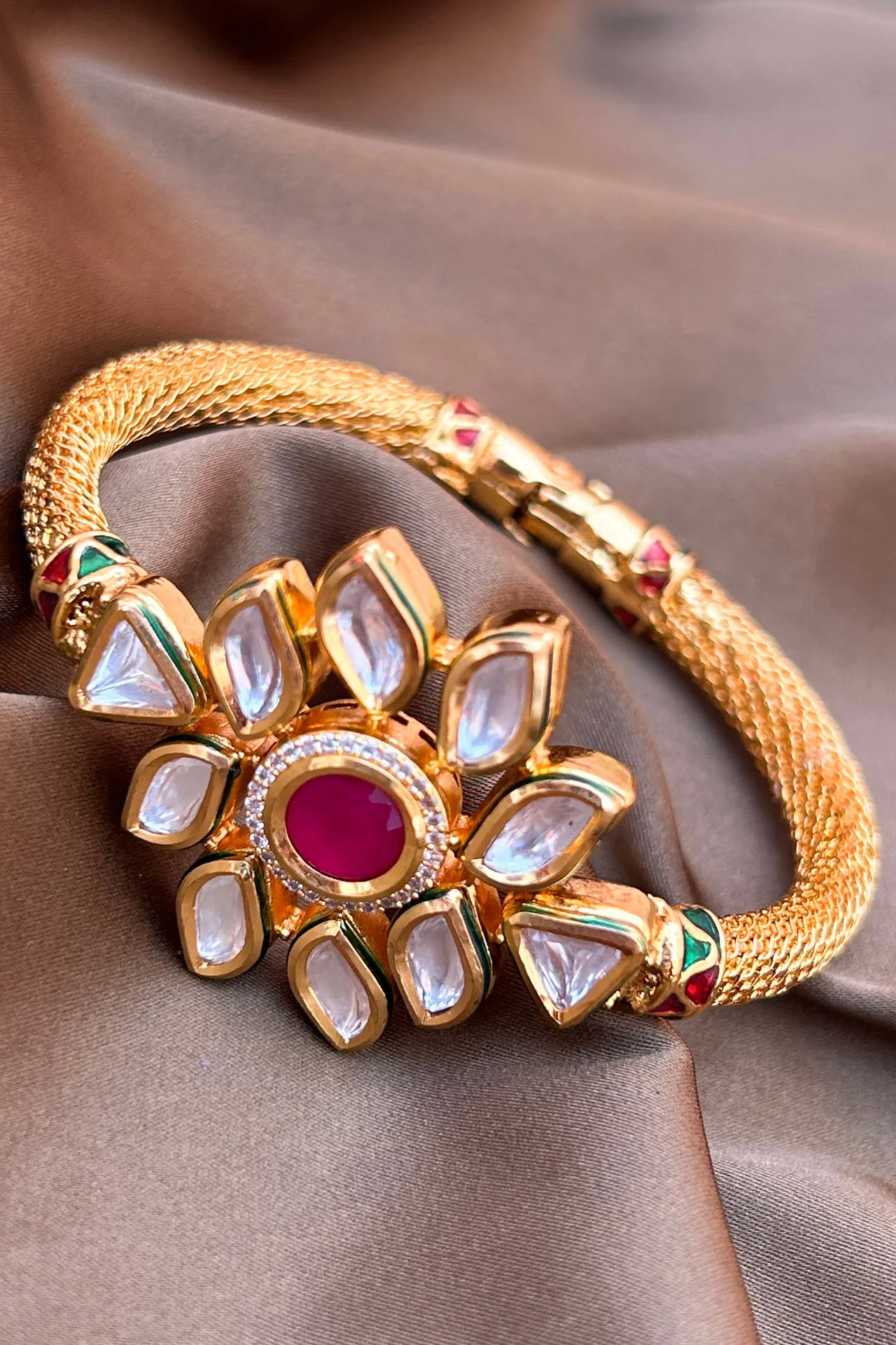 Designer Gold Plated Royal Kundan & Ruby Openable Bracelet (D175)